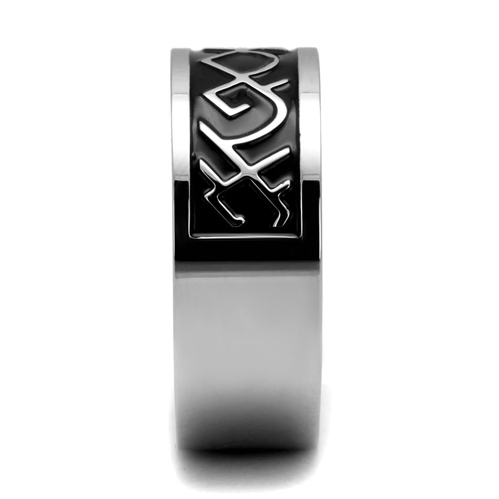TK2921 High Polished Stainless Steel Ring featuring a jet black epoxy center stone, showcasing its elegant design and shiny finish.