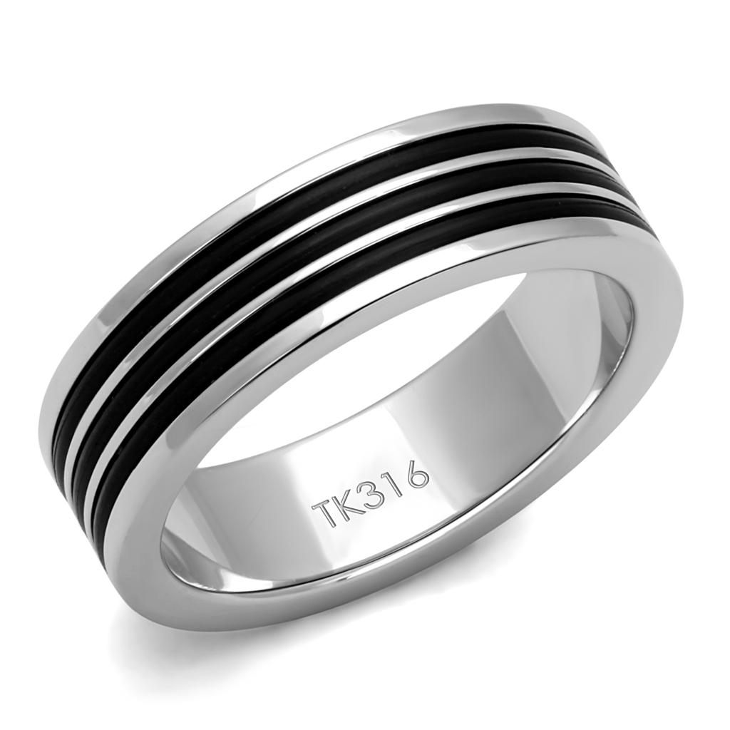TK2925 High polished stainless steel ring featuring a jet epoxy center stone, showcasing a sleek and modern design.