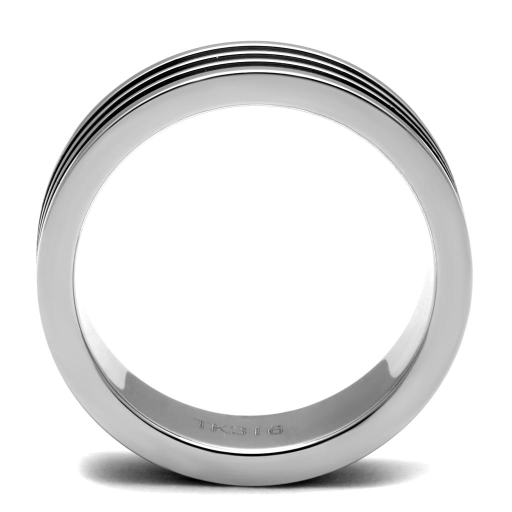 TK2925 High polished stainless steel ring featuring a jet epoxy center stone, showcasing a sleek and modern design.