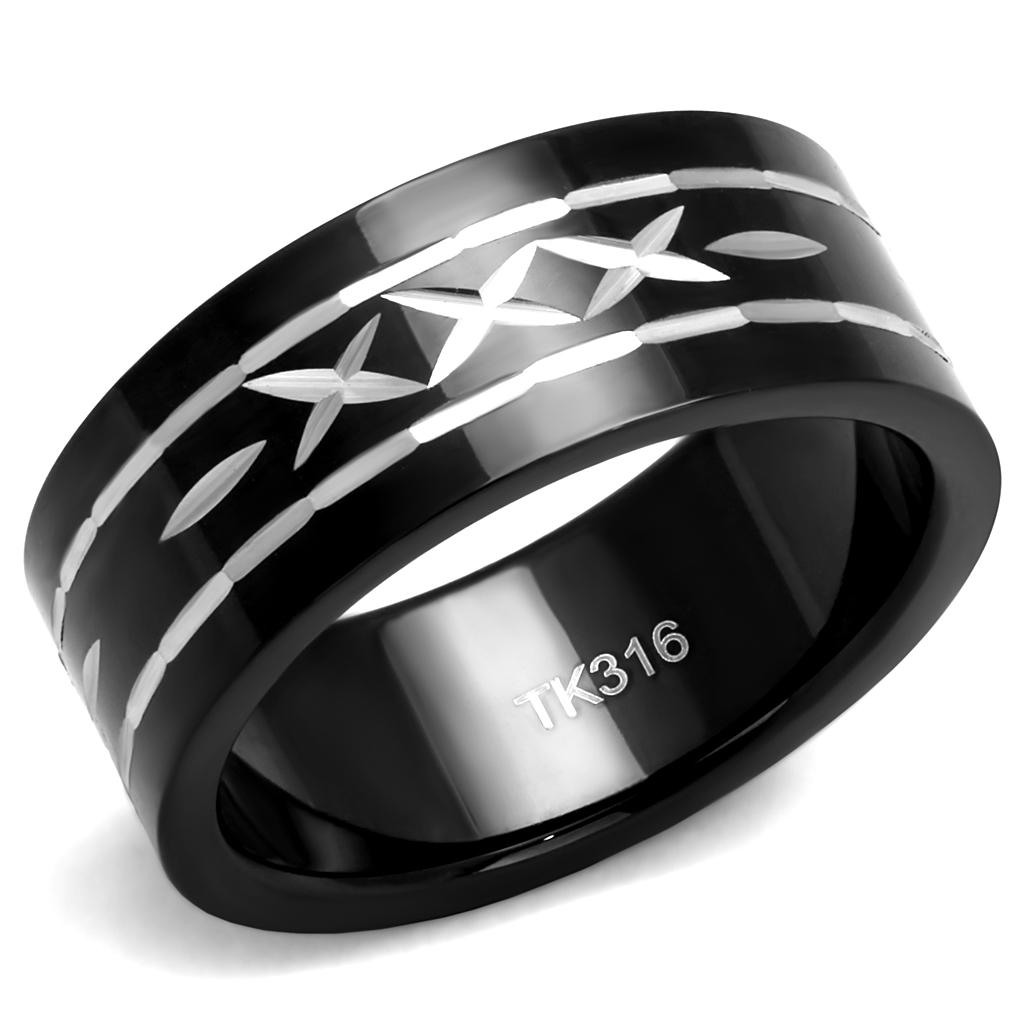 TK2928 Two-Tone IP Black Stainless Steel Ring, featuring a sleek minimalist design without a center stone.