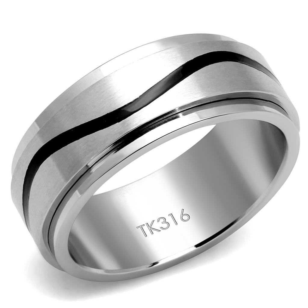 TK2929 High Polished Stainless Steel Ring featuring a jet black epoxy center stone, showcasing a sleek and modern design.