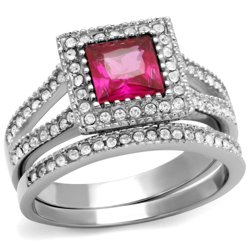 TK2293 High Polished Stainless Steel Ring featuring AAA Ruby CZ center stone, showcasing its elegant design and shiny finish.