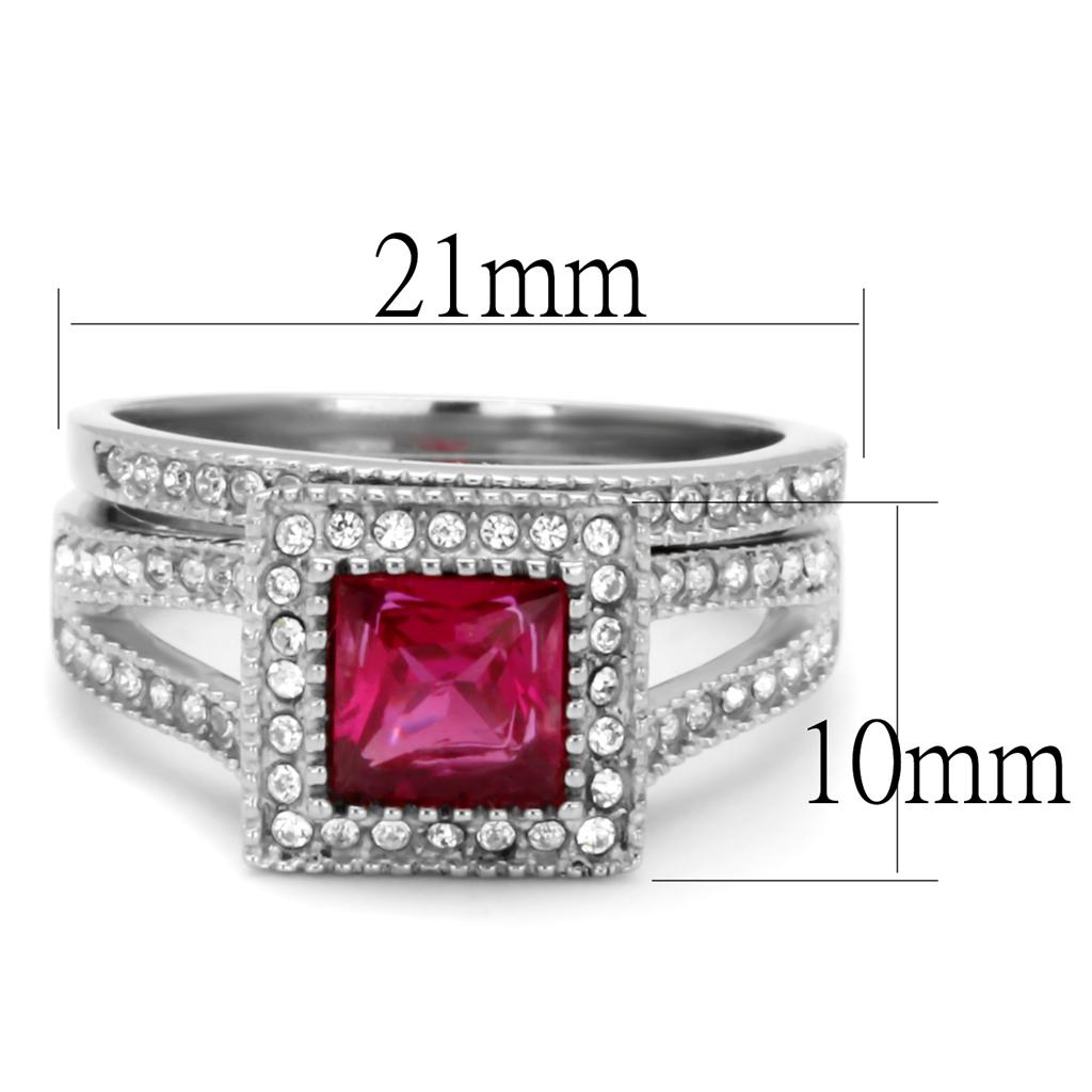 TK2293 High Polished Stainless Steel Ring featuring AAA Ruby CZ center stone, showcasing its elegant design and shiny finish.