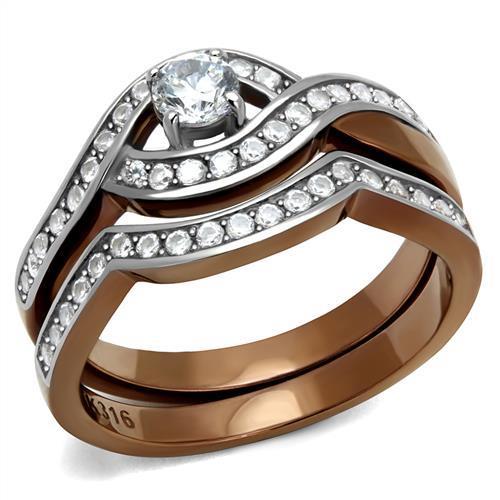TK2953 Two Tone IP Light Brown Stainless Steel Ring featuring a clear AAA Grade CZ stone, showcasing a stylish two-tone design.