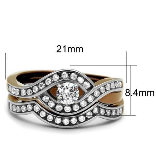 TK2953 Two Tone IP Light Brown Stainless Steel Ring featuring a clear AAA Grade CZ stone, showcasing a stylish two-tone design.