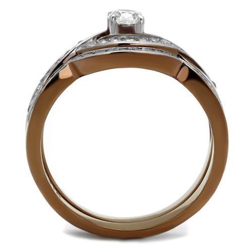 TK2953 Two Tone IP Light Brown Stainless Steel Ring featuring a clear AAA Grade CZ stone, showcasing a stylish two-tone design.