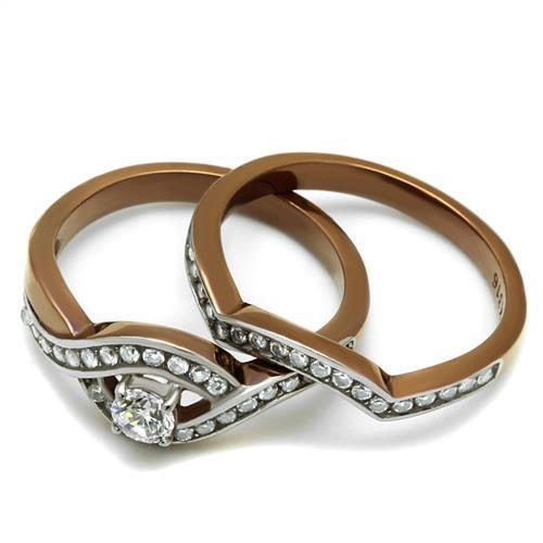 TK2953 Two Tone IP Light Brown Stainless Steel Ring featuring a clear AAA Grade CZ stone, showcasing a stylish two-tone design.