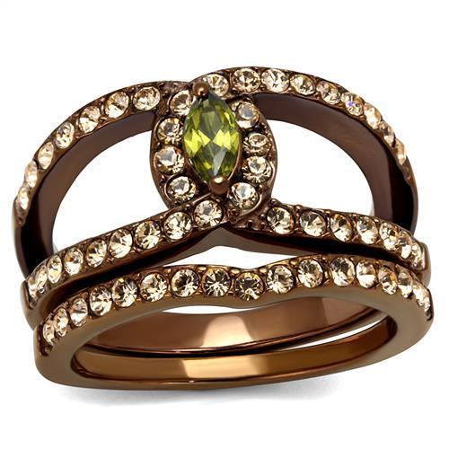 TK2956 IP Coffee light Stainless Steel Ring featuring AAA Grade CZ stone in olivine color, showcasing its elegant design and durable material.