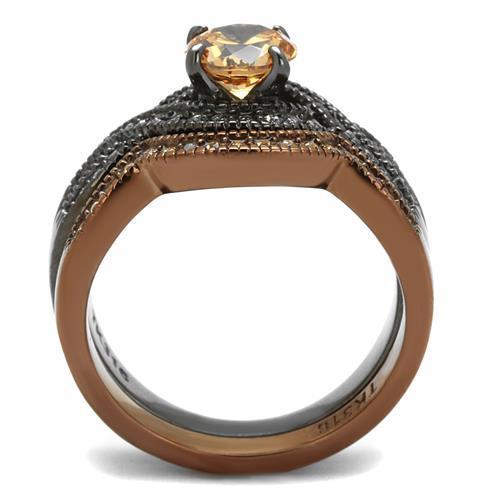 TK2957 IP Light Black and Coffee Stainless Steel Ring featuring a champagne AAA Grade CZ stone, showcasing a modern and elegant design.