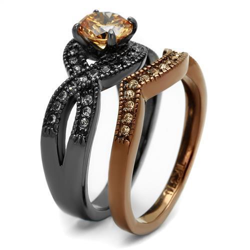 TK2957 IP Light Black and Coffee Stainless Steel Ring featuring a champagne AAA Grade CZ stone, showcasing a modern and elegant design.