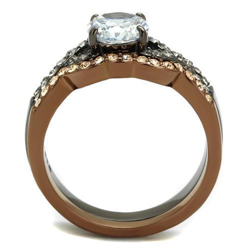 TK2958 IP Light Black and Coffee Stainless Steel Ring featuring a clear AAA Grade CZ stone, showcasing a modern and elegant design.