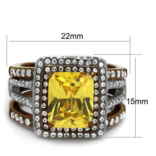 TK2962 Two Tone IP Light Brown Stainless Steel Ring featuring AAA Grade CZ stone in topaz color, showcasing a stylish and durable design.