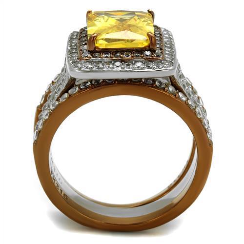 TK2962 Two Tone IP Light Brown Stainless Steel Ring featuring AAA Grade CZ stone in topaz color, showcasing a stylish and durable design.