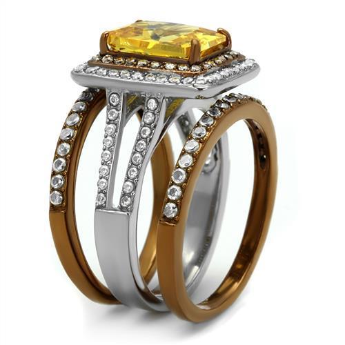 TK2962 Two Tone IP Light Brown Stainless Steel Ring featuring AAA Grade CZ stone in topaz color, showcasing a stylish and durable design.