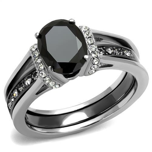 TK2971 Two-Tone IP Black Stainless Steel Ring featuring a jet black synthetic glass stone, showcasing a modern and elegant design.