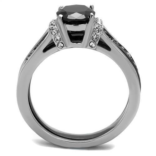 TK2971 Two-Tone IP Black Stainless Steel Ring featuring a jet black synthetic glass stone, showcasing a modern and elegant design.