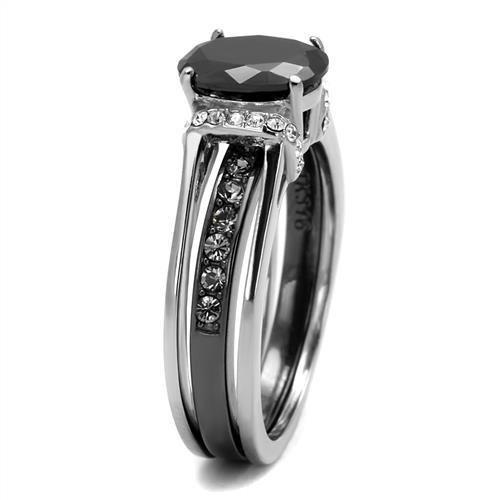 TK2971 Two-Tone IP Black Stainless Steel Ring featuring a jet black synthetic glass stone, showcasing a modern and elegant design.