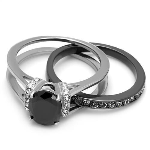 TK2971 Two-Tone IP Black Stainless Steel Ring featuring a jet black synthetic glass stone, showcasing a modern and elegant design.