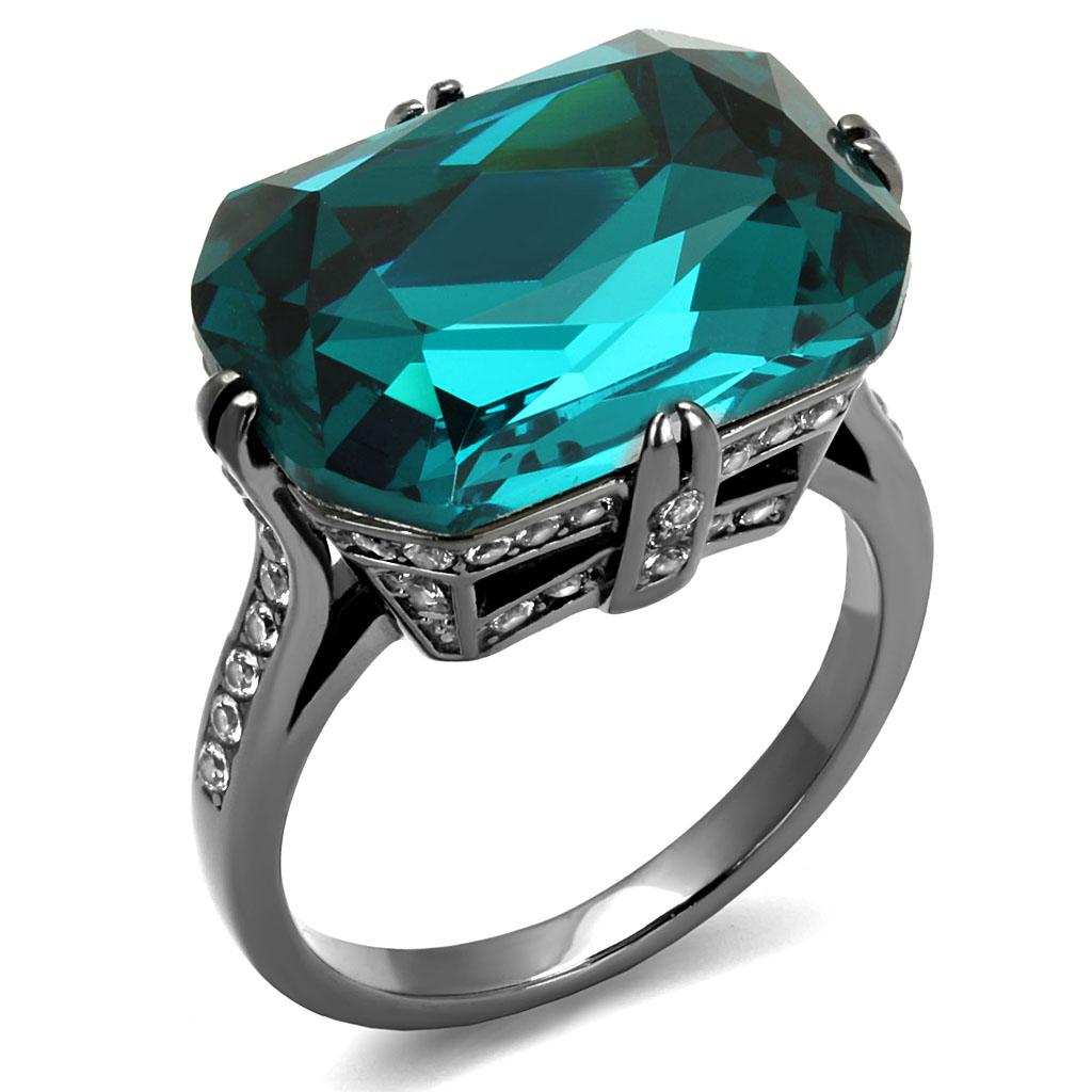 TK2998 IP Light Black Stainless Steel Ring featuring a Top Grade Blue Zircon crystal, showcasing a modern design and elegant finish.