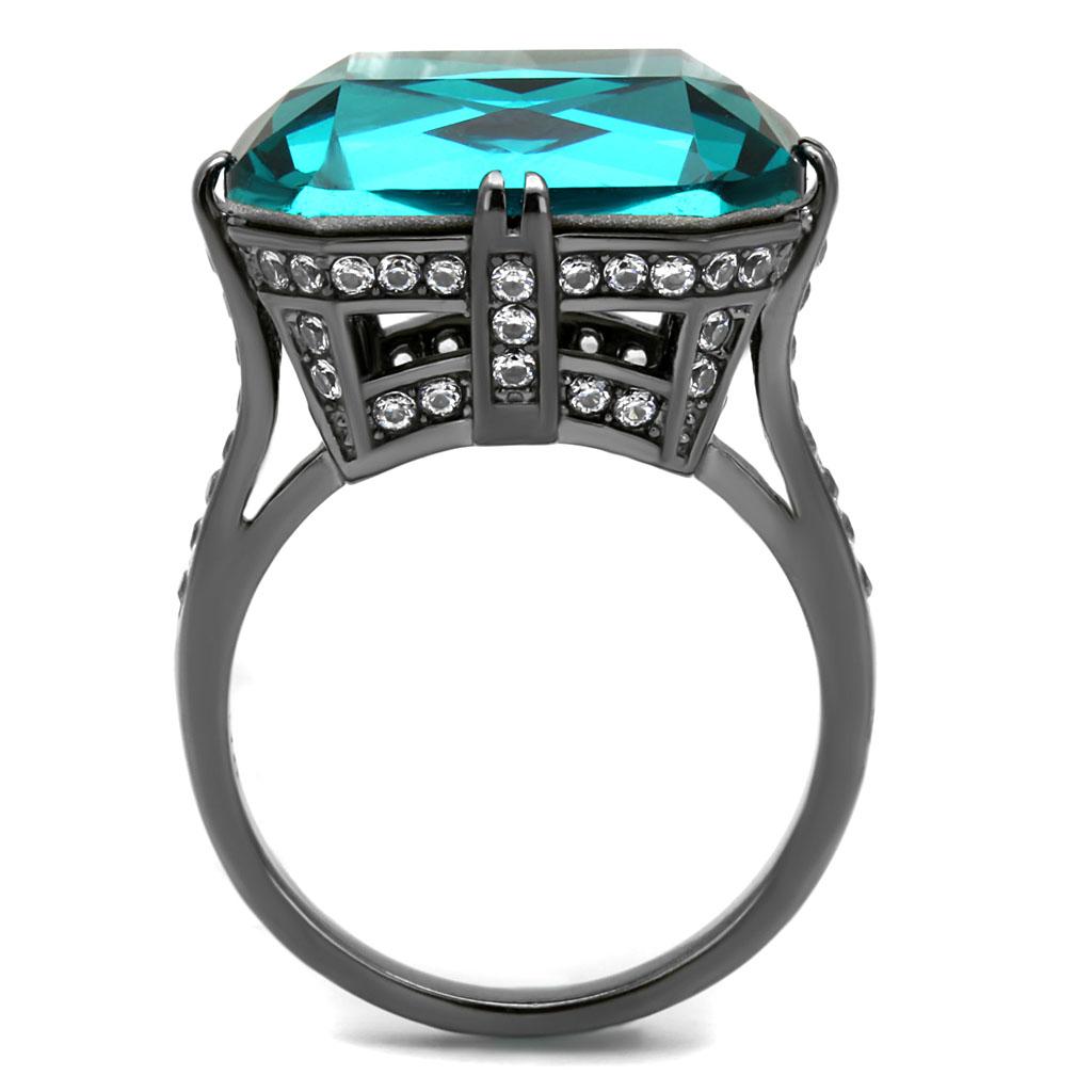 TK2998 IP Light Black Stainless Steel Ring featuring a Top Grade Blue Zircon crystal, showcasing a modern design and elegant finish.