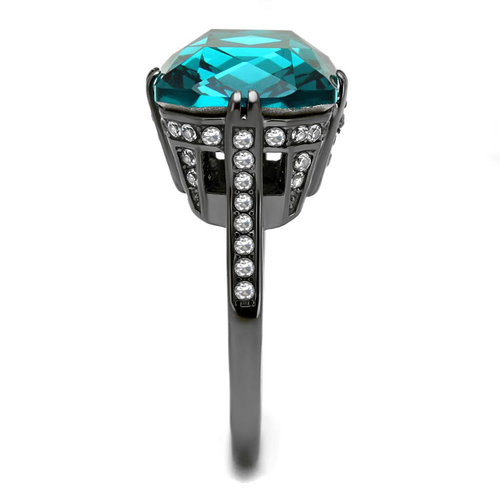 TK2998 IP Light Black Stainless Steel Ring featuring a Top Grade Blue Zircon crystal, showcasing a modern design and elegant finish.