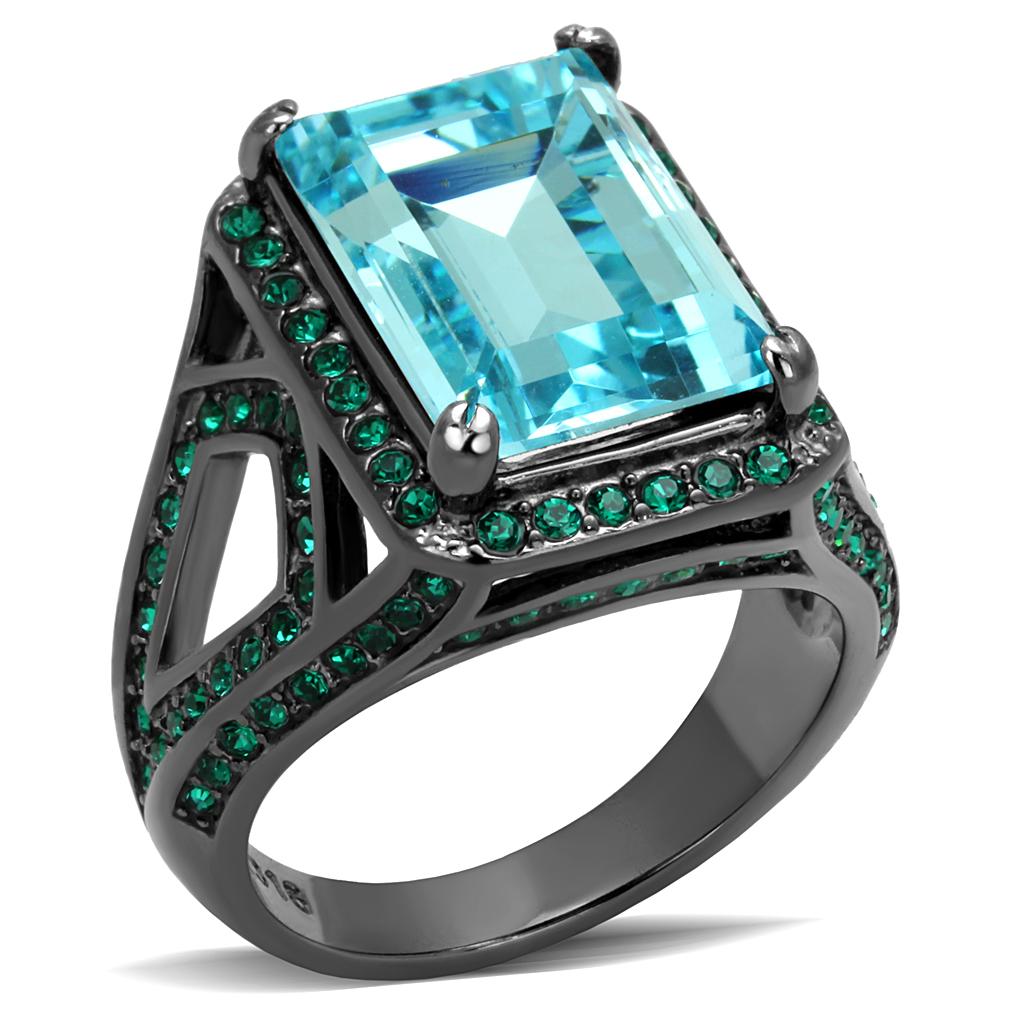 TK2988 IP Light Black Stainless Steel Ring featuring a sea blue top-grade crystal, showcasing its elegant design and modern finish.