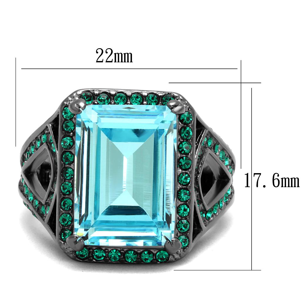 TK2988 IP Light Black Stainless Steel Ring featuring a sea blue top-grade crystal, showcasing its elegant design and modern finish.