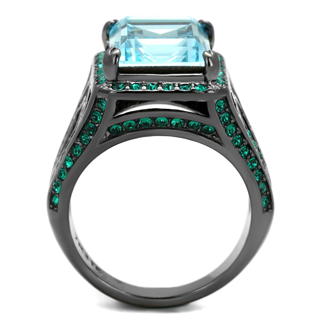 TK2988 IP Light Black Stainless Steel Ring featuring a sea blue top-grade crystal, showcasing its elegant design and modern finish.