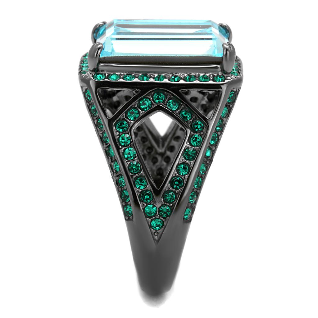 TK2988 IP Light Black Stainless Steel Ring featuring a sea blue top-grade crystal, showcasing its elegant design and modern finish.