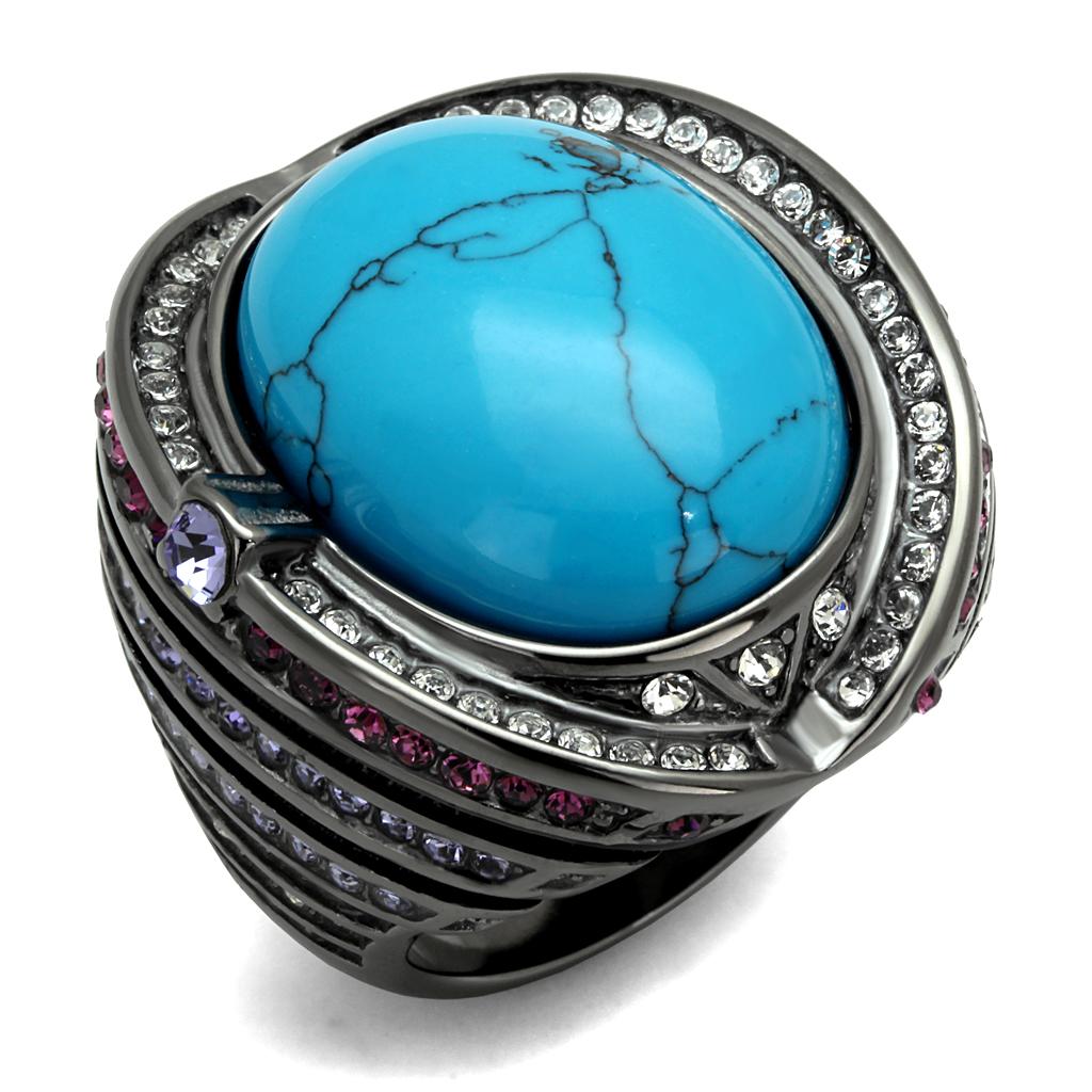 TK2983 IP Light Black Stainless Steel Ring featuring a synthetic turquoise stone in a sea blue color, showcasing a modern design.