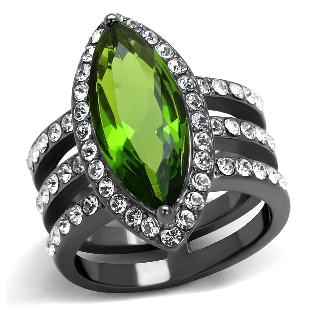 TK2989 IP Light Black Stainless Steel Ring featuring a vibrant Peridot synthetic glass center stone, showcasing a modern design.
