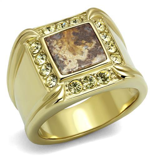 TK3013 IP Gold Stainless Steel Ring featuring a semi-precious Oligoclase stone in smoked quartz color, showcasing elegance and durability.