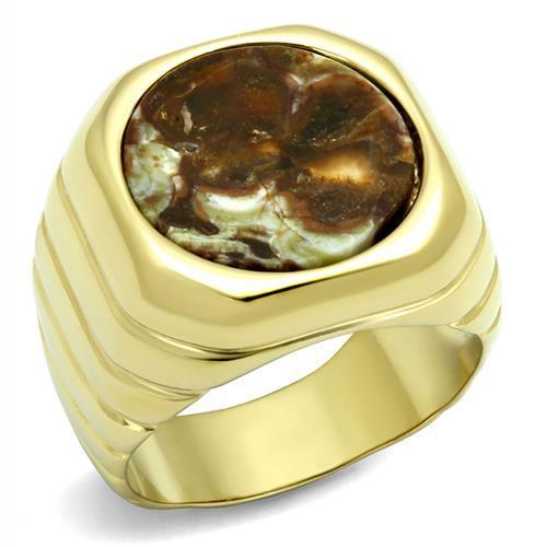 TK3017 IP Gold Stainless Steel Ring featuring a semi-precious Oligoclase stone in smoked quartz color, elegantly designed for durability and style.