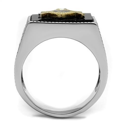 TK3018 Two-Tone IP Gold Stainless Steel Ring featuring a jet agate center stone, showcasing a stylish and elegant design.