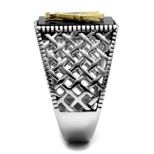 TK3018 Two-Tone IP Gold Stainless Steel Ring featuring a jet agate center stone, showcasing a stylish and elegant design.