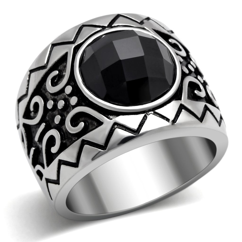 TK303 High Polished Stainless Steel Ring featuring AAA Grade CZ center stone in jet color, showcasing its elegant design and shine.