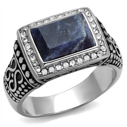 TK3003 High Polished Stainless Steel Ring featuring a vibrant Capri Blue Sodalite center stone, showcasing elegance and durability.