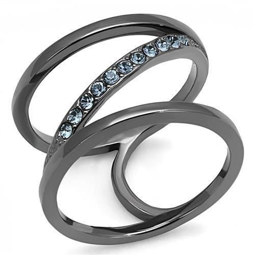 TK3038 IP Light Black Stainless Steel Ring featuring a Capri Blue Top Grade Crystal, showcasing a modern and elegant design.