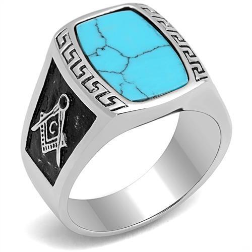 TK3044 High Polished Stainless Steel Ring featuring a synthetic turquoise center stone in sea blue color.