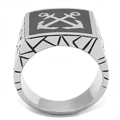 TK3041 High Polished Stainless Steel Ring featuring a jet black epoxy center stone, showcasing a sleek and elegant design.