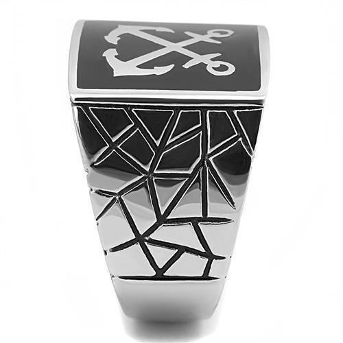 TK3041 High Polished Stainless Steel Ring featuring a jet black epoxy center stone, showcasing a sleek and elegant design.