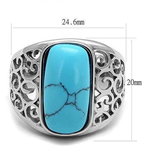 High polished stainless steel ring featuring a vibrant synthetic turquoise center stone, showcasing a sleek and elegant design.