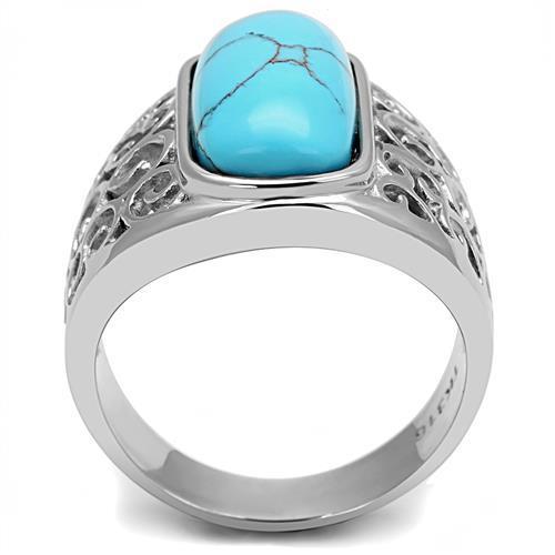 High polished stainless steel ring featuring a vibrant synthetic turquoise center stone, showcasing a sleek and elegant design.