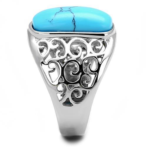 High polished stainless steel ring featuring a vibrant synthetic turquoise center stone, showcasing a sleek and elegant design.