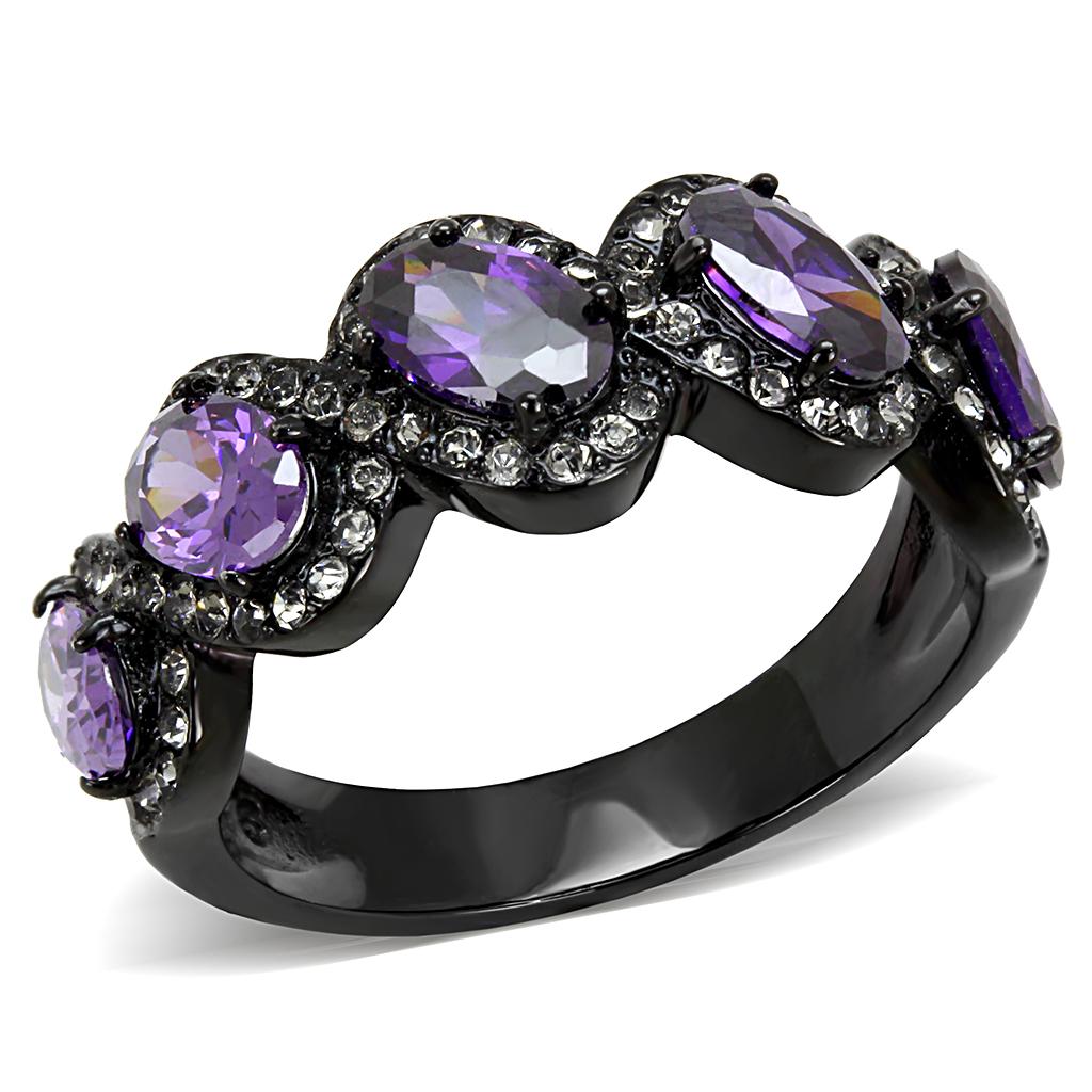 TK3051 IP Black Stainless Steel Ring featuring an AAA Grade CZ center stone in Amethyst color, showcasing a modern and elegant design.