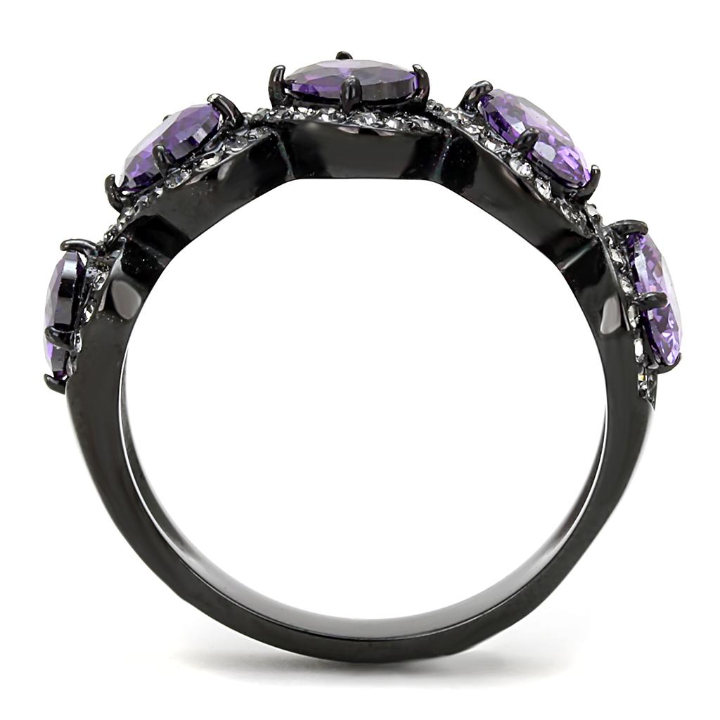 TK3051 IP Black Stainless Steel Ring featuring an AAA Grade CZ center stone in Amethyst color, showcasing a modern and elegant design.