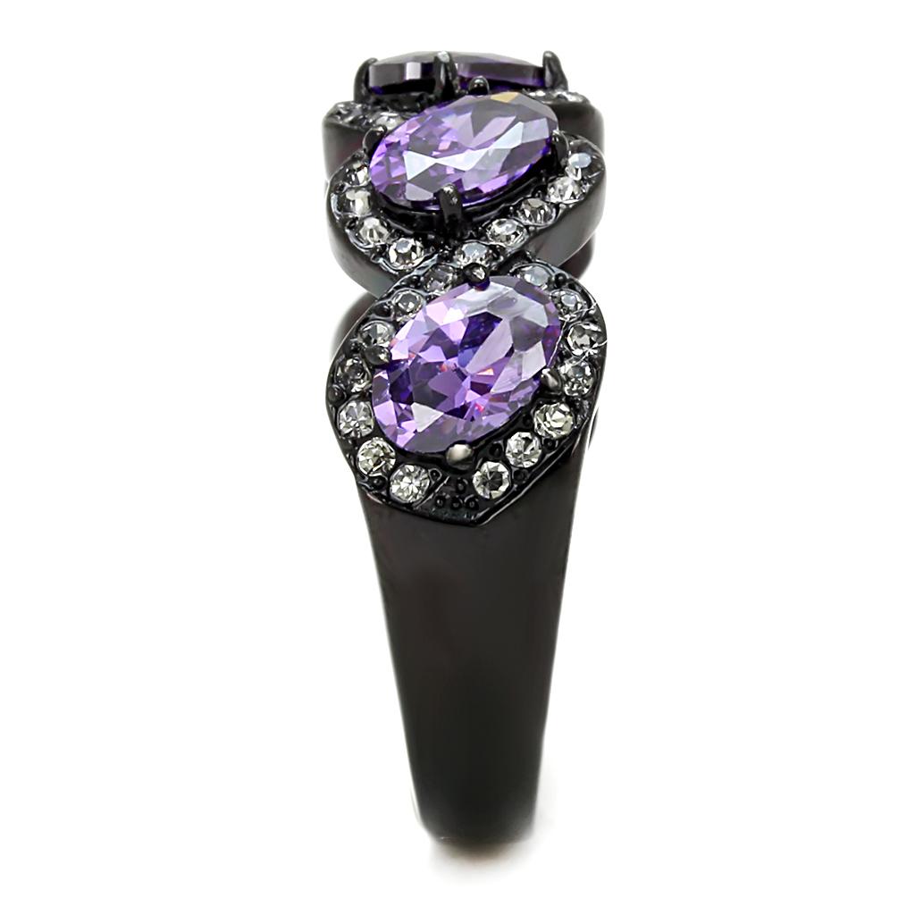 TK3051 IP Black Stainless Steel Ring featuring an AAA Grade CZ center stone in Amethyst color, showcasing a modern and elegant design.