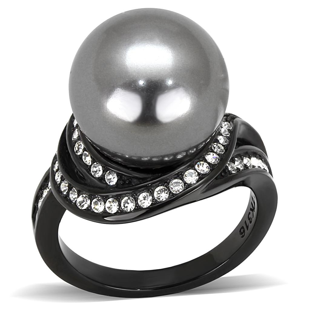 TK3052 IP Black Stainless Steel Ring featuring a gray synthetic pearl, showcasing a modern design with a sleek finish.