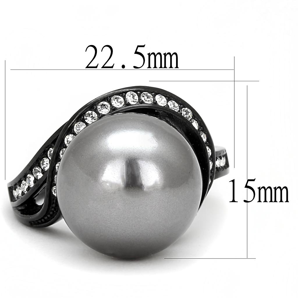 TK3052 IP Black Stainless Steel Ring featuring a gray synthetic pearl, showcasing a modern design with a sleek finish.