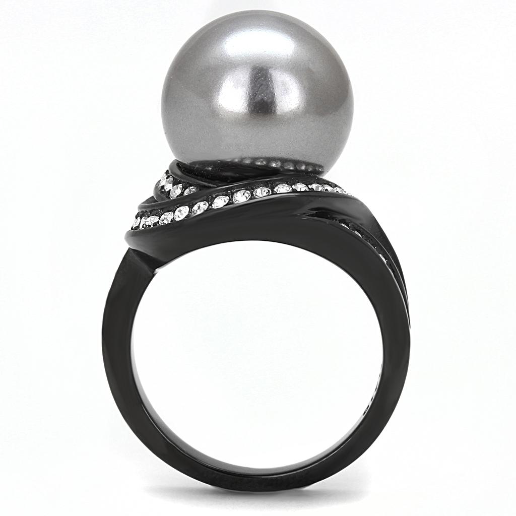 TK3052 IP Black Stainless Steel Ring featuring a gray synthetic pearl, showcasing a modern design with a sleek finish.